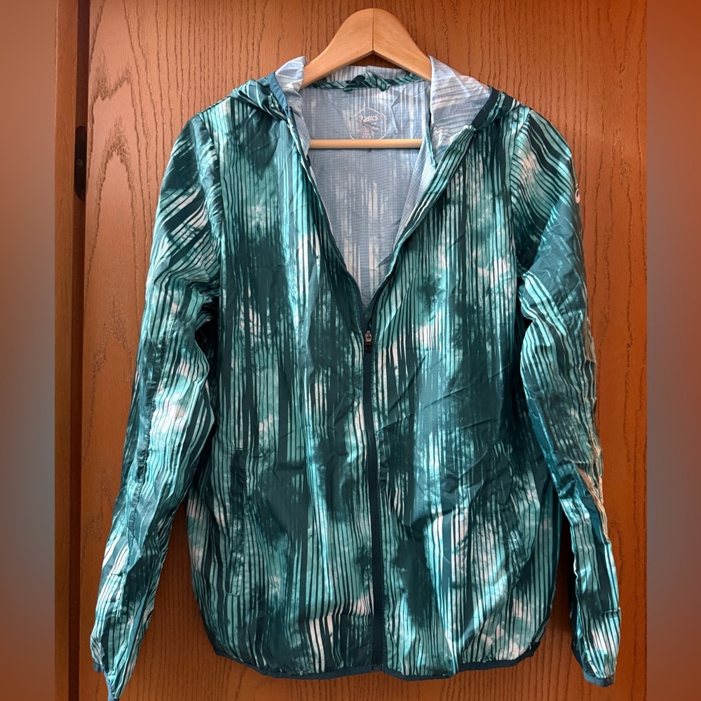 Asics Teal and White Women’s Striped Lightweight Nylon Running Jacket w/ hood
